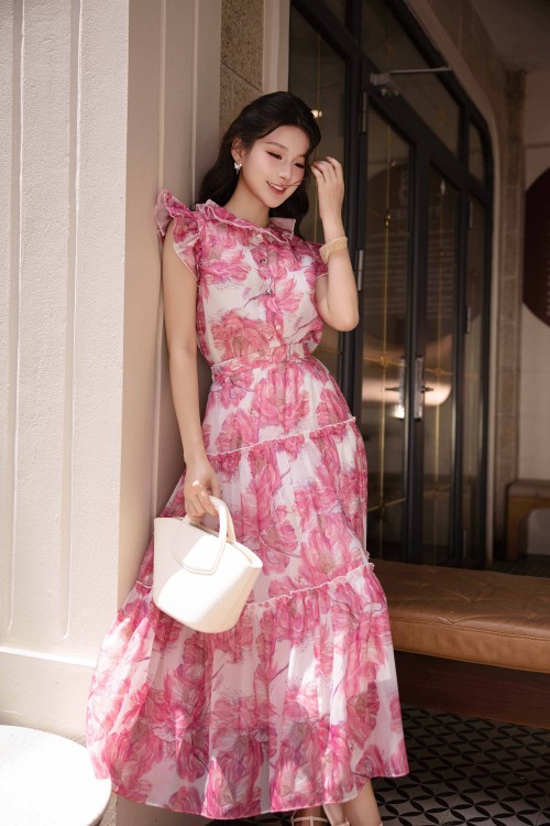 Sixdo Pink Peony Organza Flared Skirt